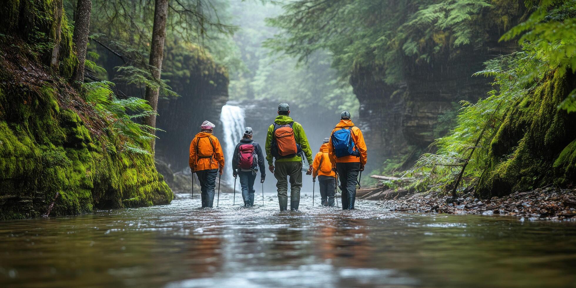 Hikers Crossing a Creek in a Lush Green Forest with a Waterfall in the Distance photo