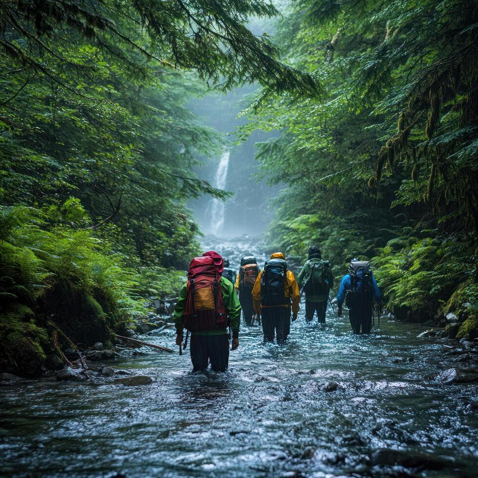 Hikers Walking Through a Lush Forest River Towards a Waterfall photo