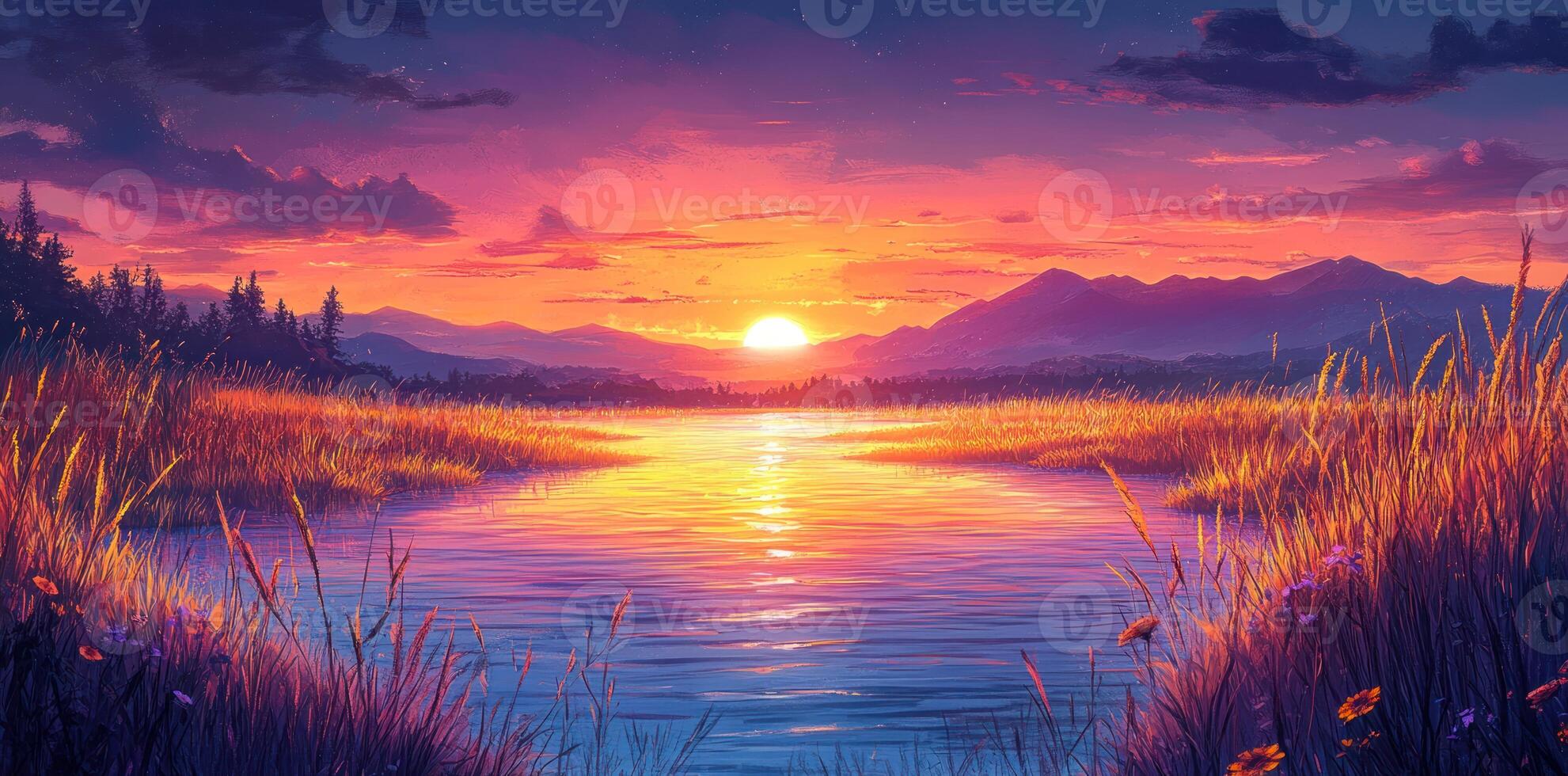 Sunset over a River Winding through a Mountain Valley photo
