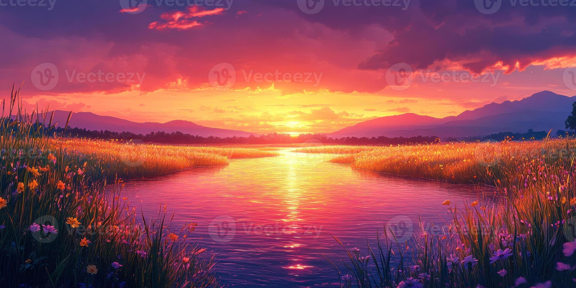 A Serene Sunset Over a River Winding Through a Field of Wildflowers photo