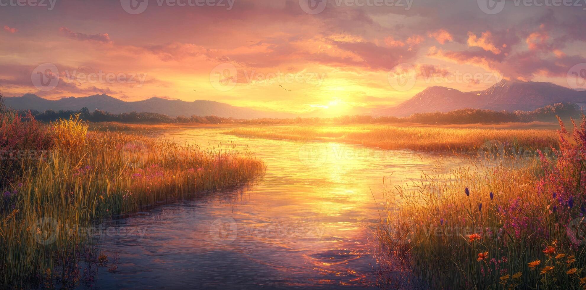 A River Flows Through a Field at Sunset with Mountains in the Distance photo