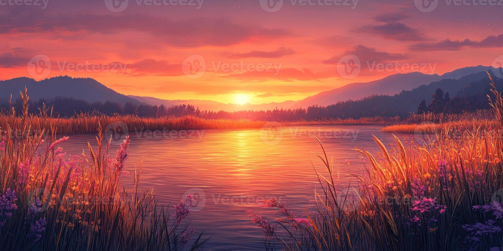 A Serene Sunset Over a Still Lake with Lush Grass and Mountains in the Distance photo