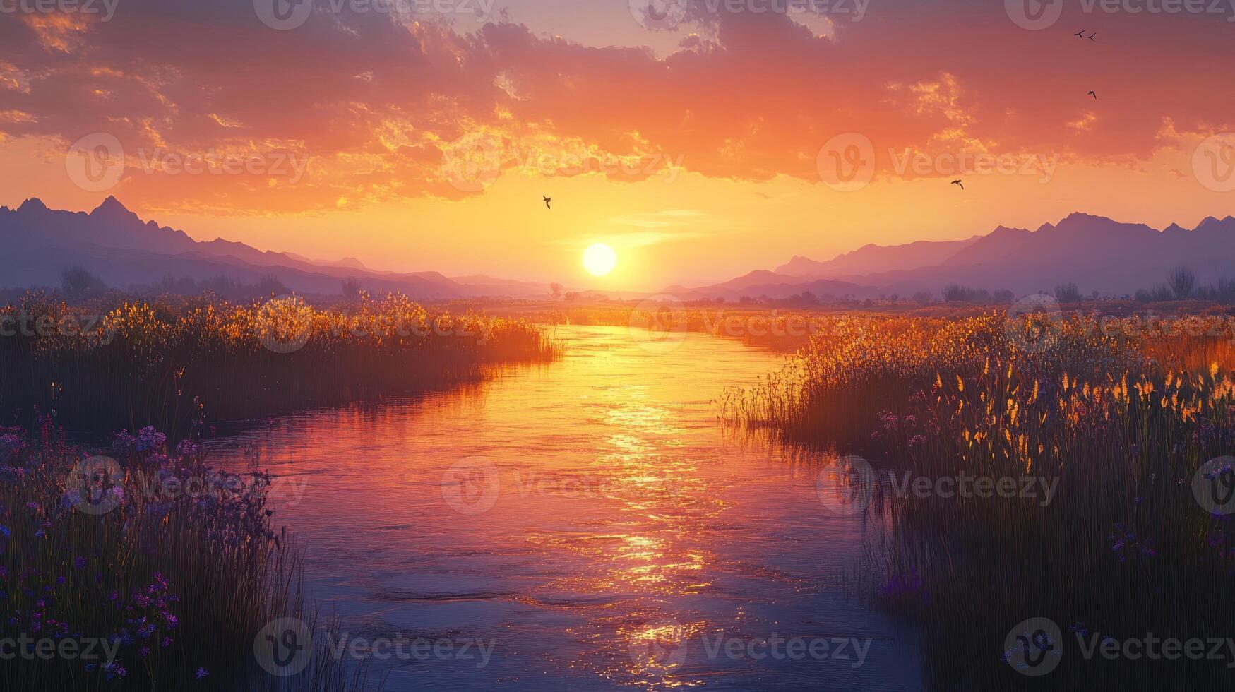 Serene Sunset Over a Winding River, Surrounded by Lush Grass and Mountains in the Distance photo