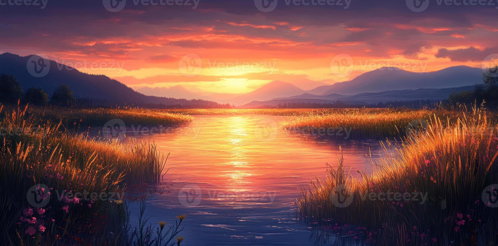 Sunset over a Calm River with Grassy Banks and Distant Mountains photo