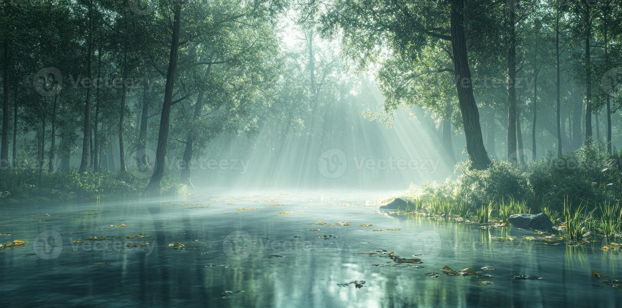 Misty Forest River with Sunlight Streaming Through Trees photo