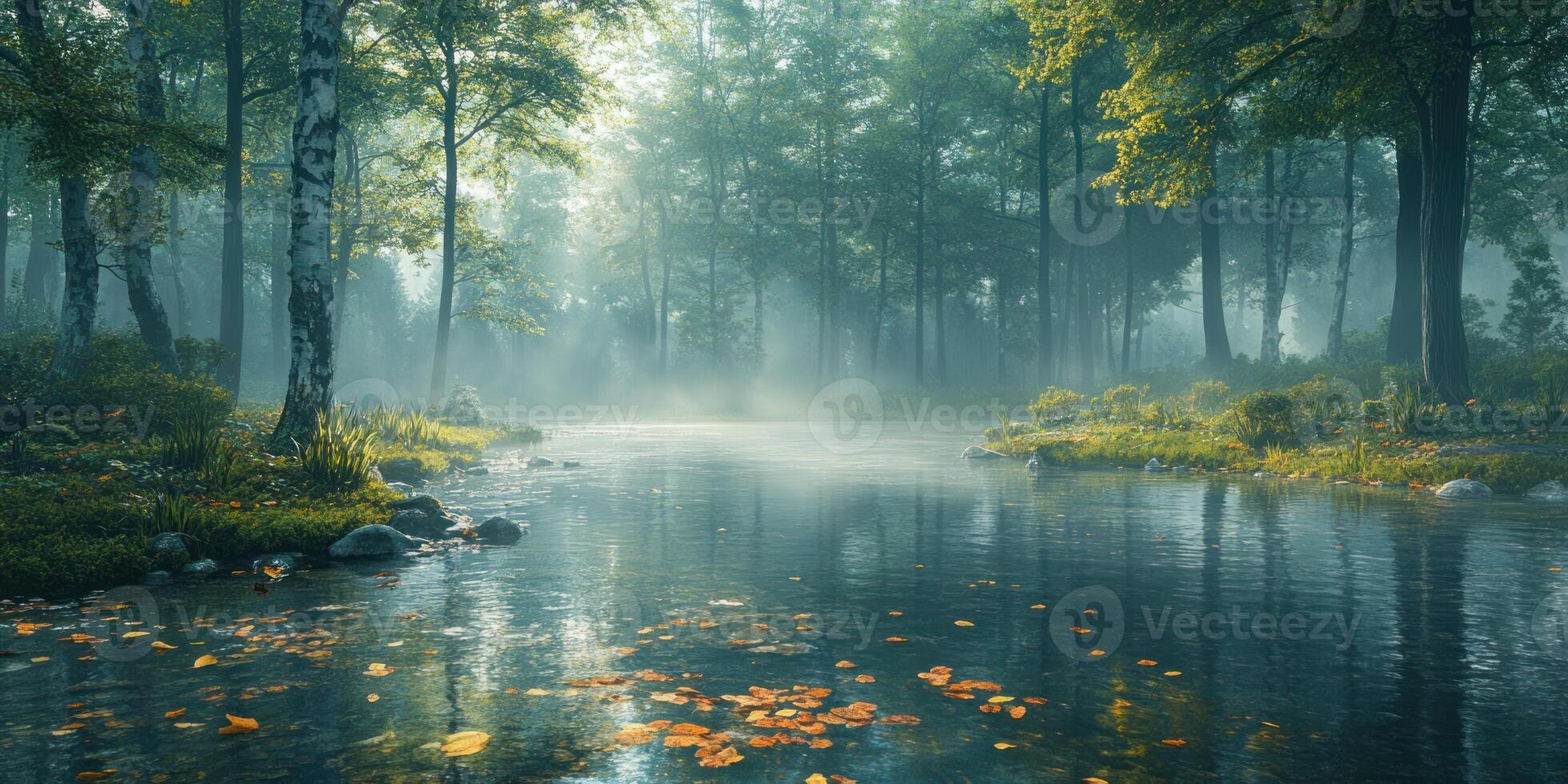 A Mystical Forest Stream with Fog and Fallen Leaves photo