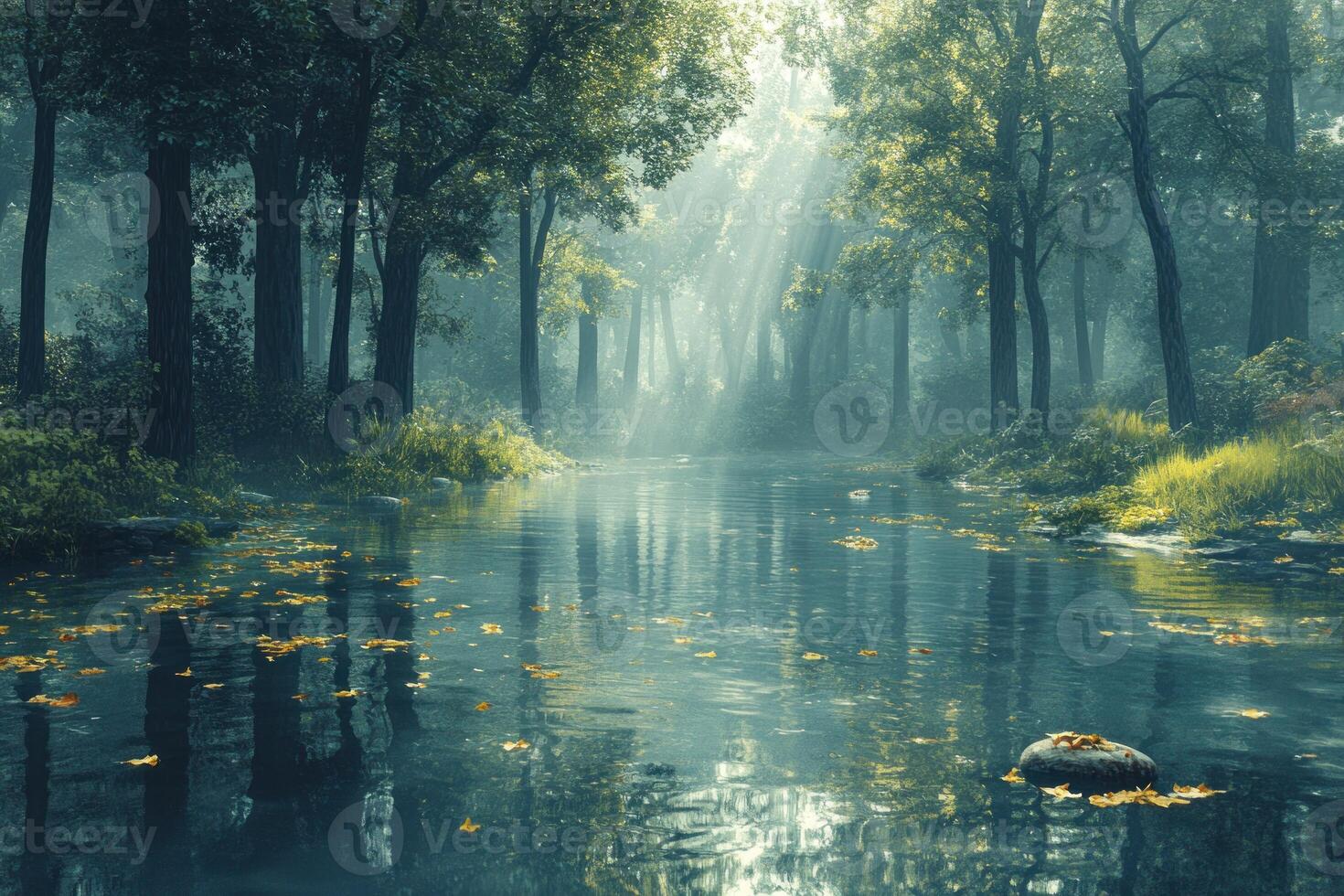 Sunbeams Through Mist Over a River in a Forest photo
