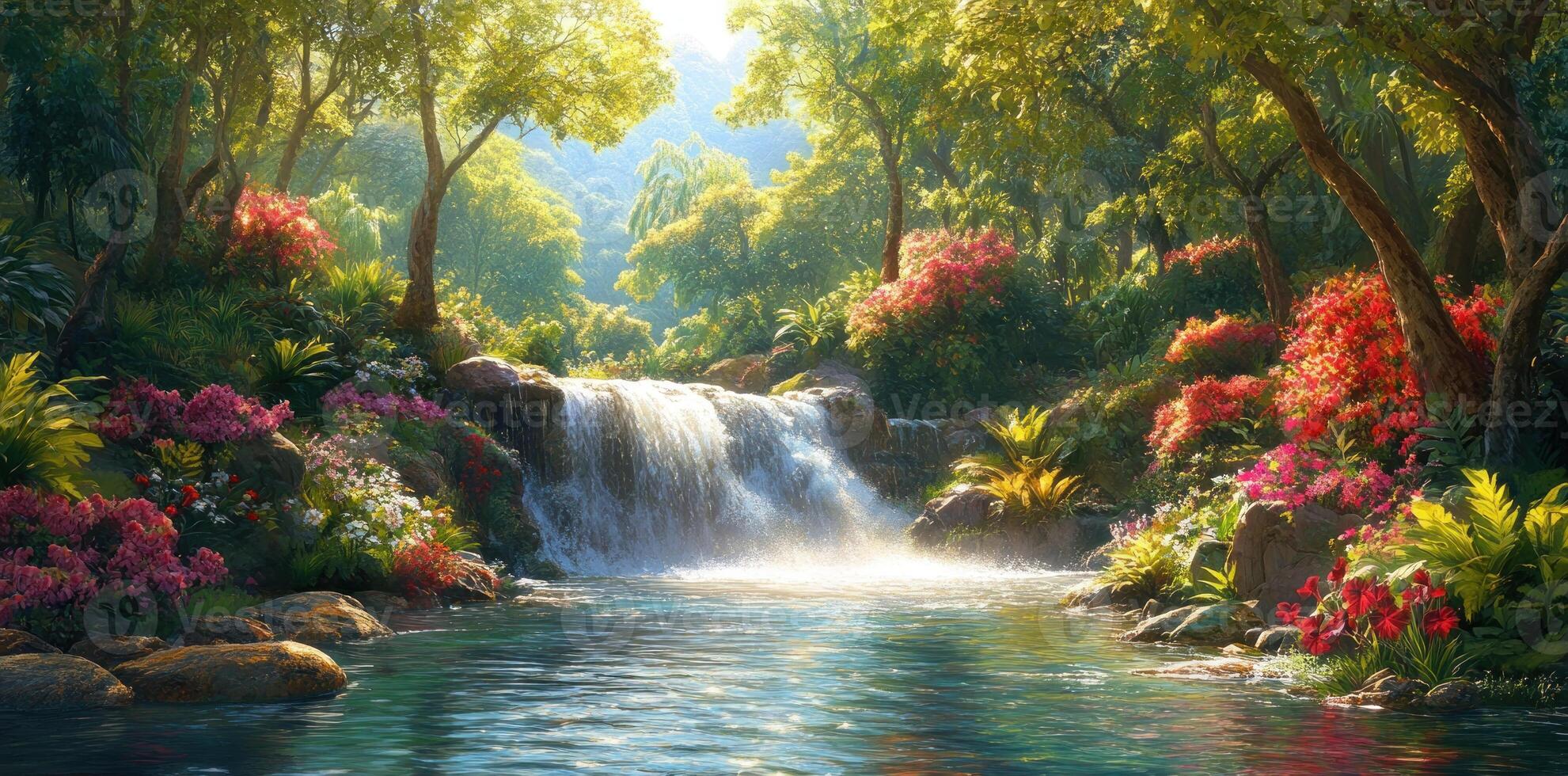 Lush Tropical Waterfall in a Sunlit Forest photo