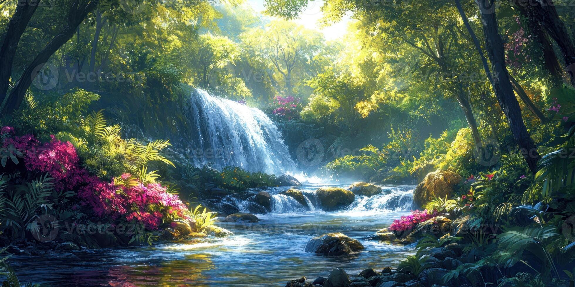 Lush Rainforest Waterfall with Stream and Sunlight photo