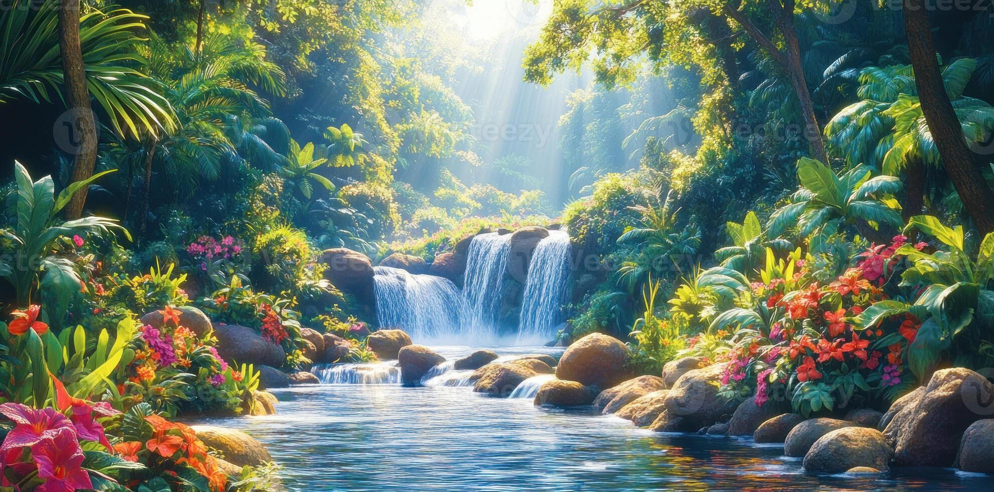 Tranquil Waterfall Flowing Through Lush Tropical Forest photo