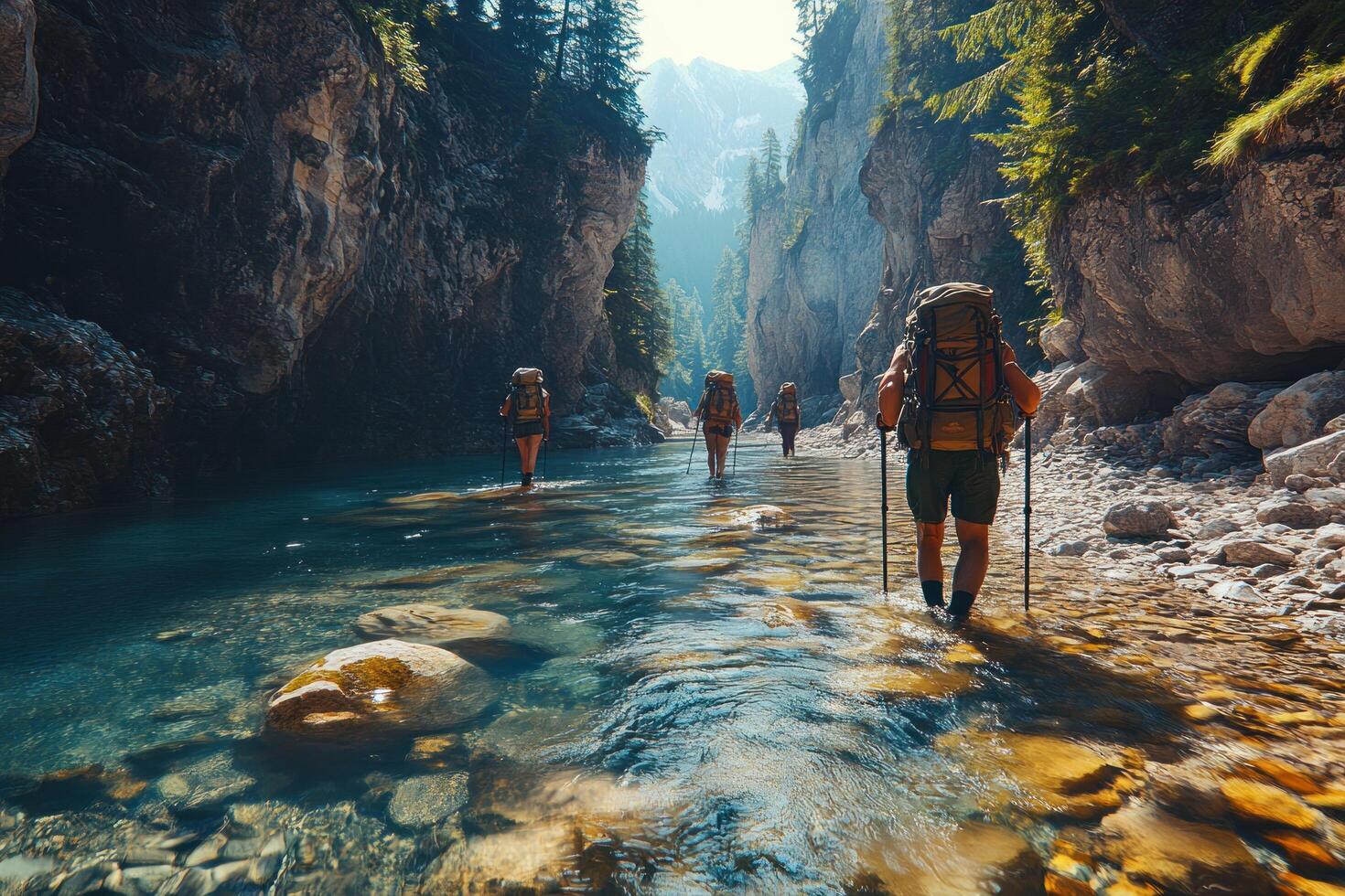 Hikers Traverse a Mountain Stream Through a Gorge photo