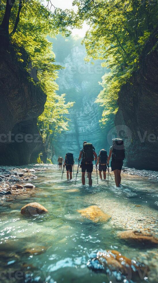 Hikers Traverse a Clear Mountain Stream in a Lush Canyon photo
