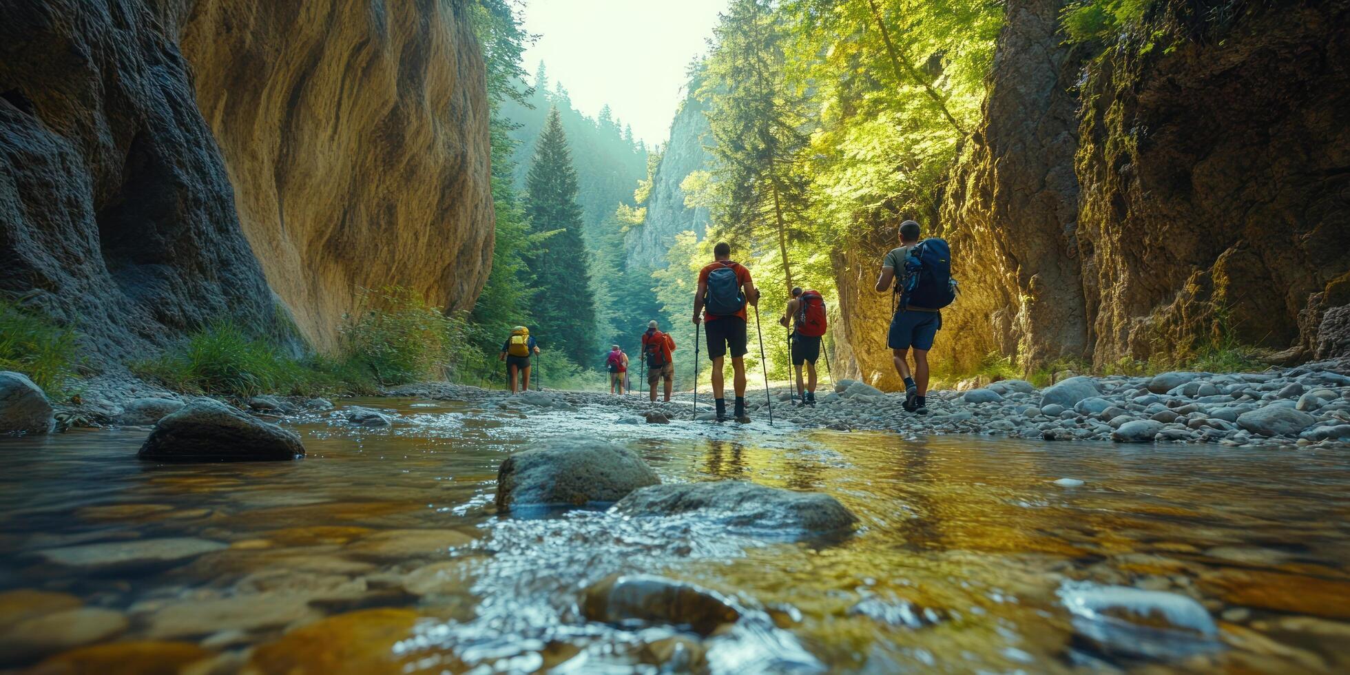 Hikers Crossing a Stream in a Forest Gorge photo