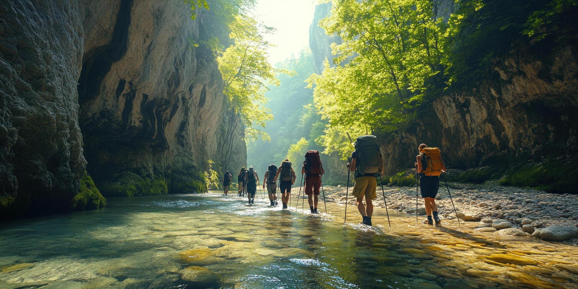 Hikers Traverse a Rocky Stream in a Lush Canyon photo