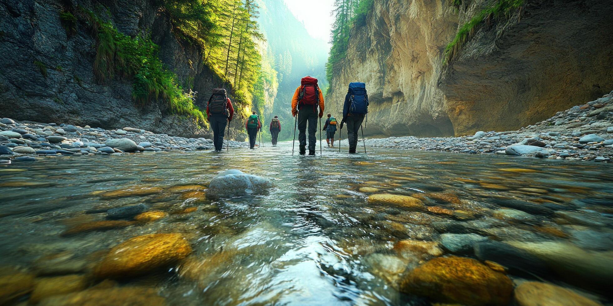 Hikers with Backpacks Crossing a Rocky River in a Gorge photo