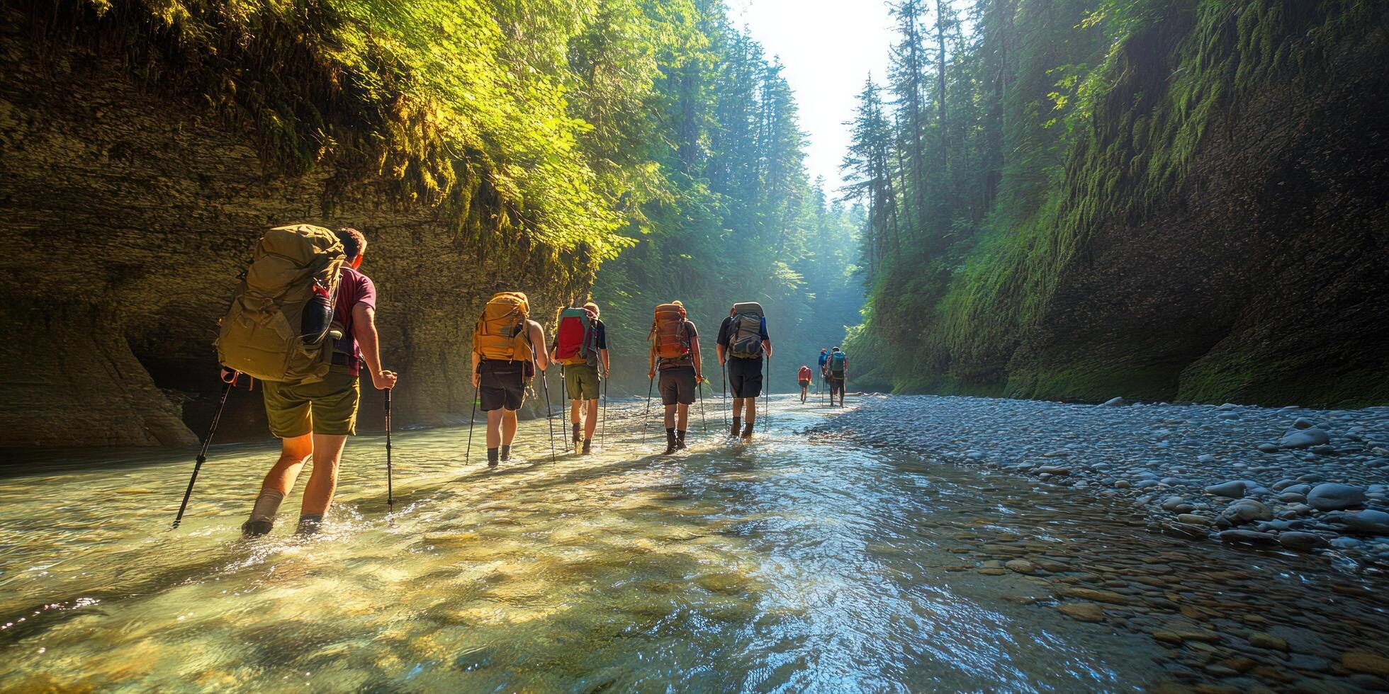 Hikers Traverse a Rocky Stream in a Lush Forest Canyon photo