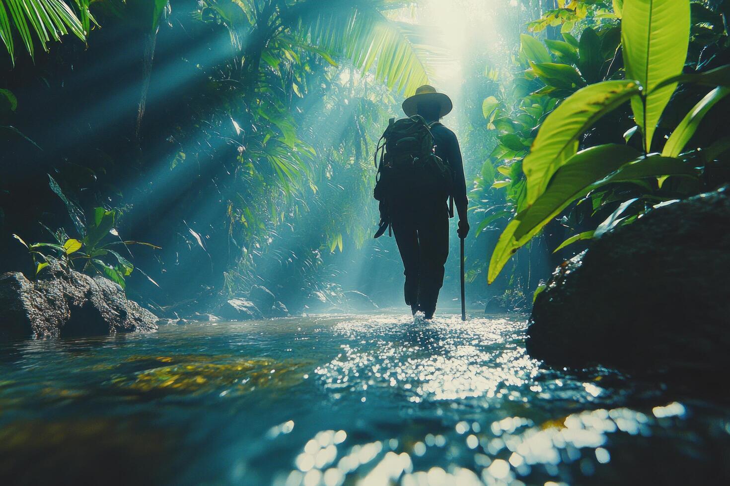 A lone hiker walks through a misty jungle stream. photo