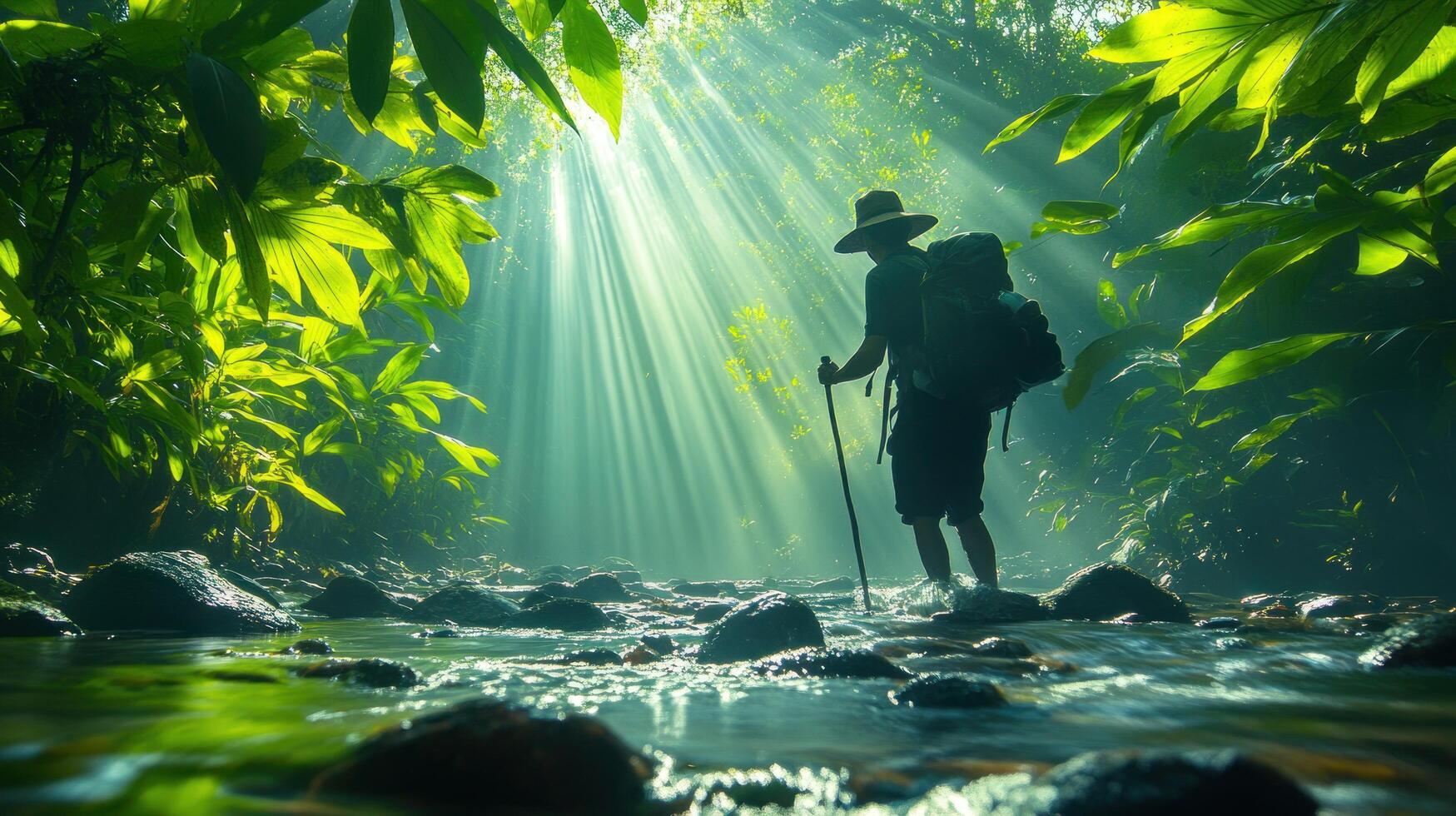Silhouetted Hiker Crossing a Stream in a Sun-Drenched Jungle photo