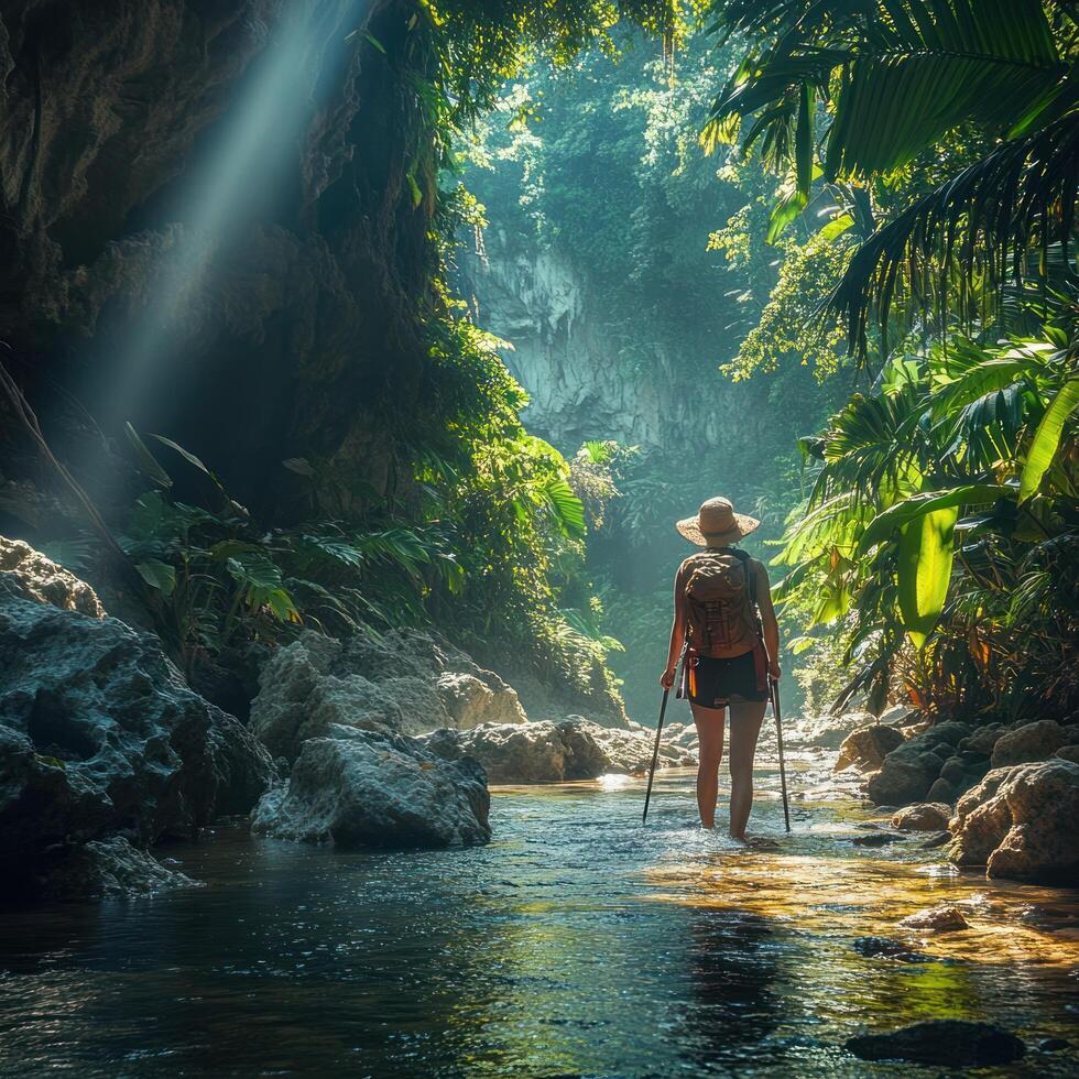 A lone hiker walks through a lush green jungle canyon with a stream and sunlight photo
