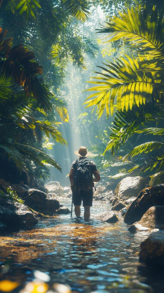 A lone hiker with a backpack walks through a tropical stream bathed in sunlight. photo