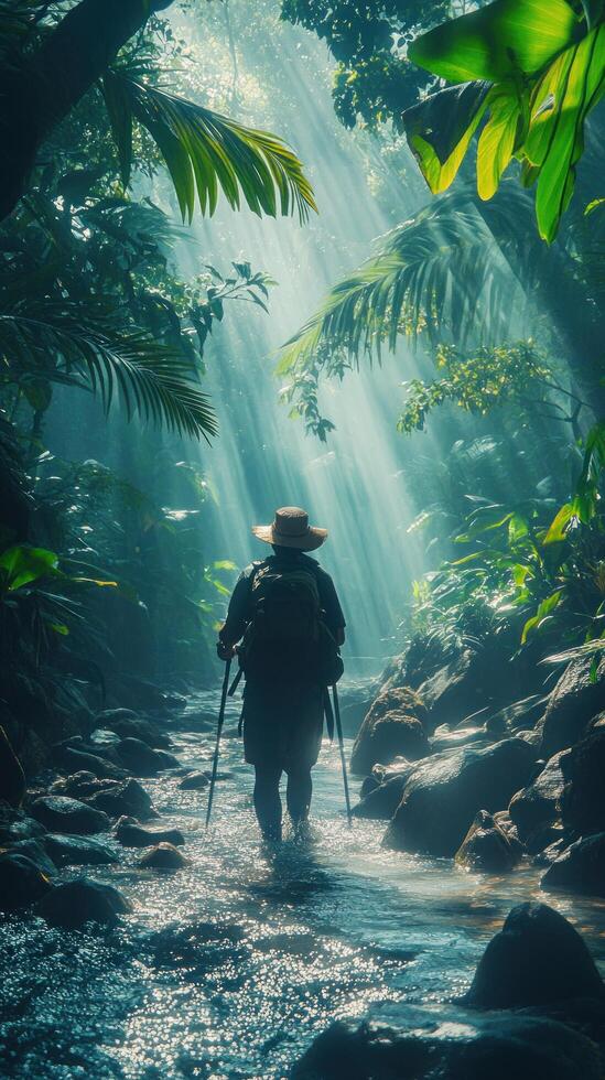 A lone hiker walks through a misty jungle stream bathed in sunlight. photo