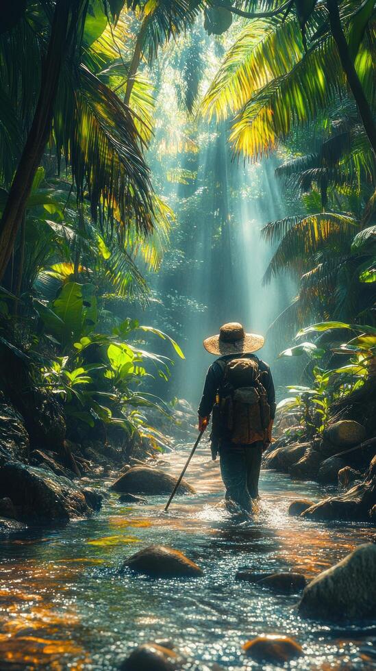 A lone hiker navigates a sun-dappled jungle stream. photo