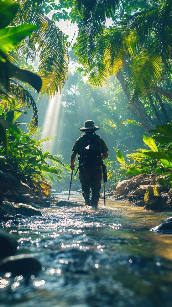 un solitario caminante atraviesa un salpicado de sol selva arroyo. foto