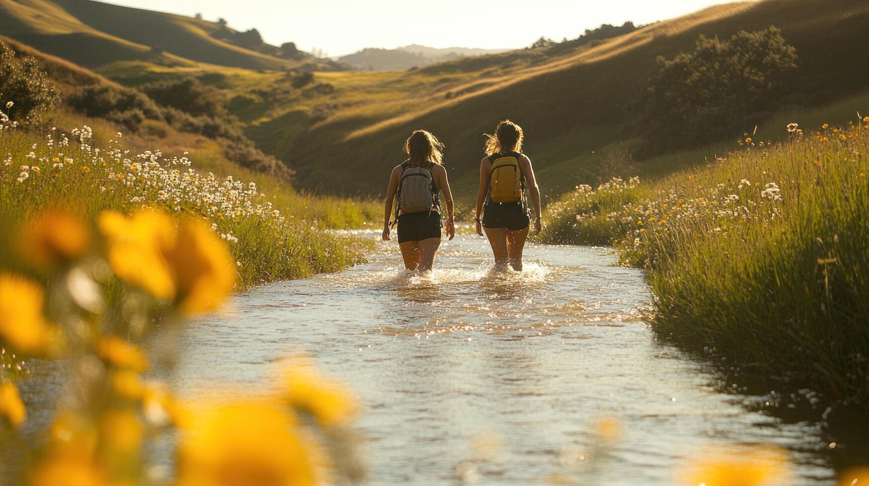 Two Women Walking Through a River in a Lush Green Valley photo