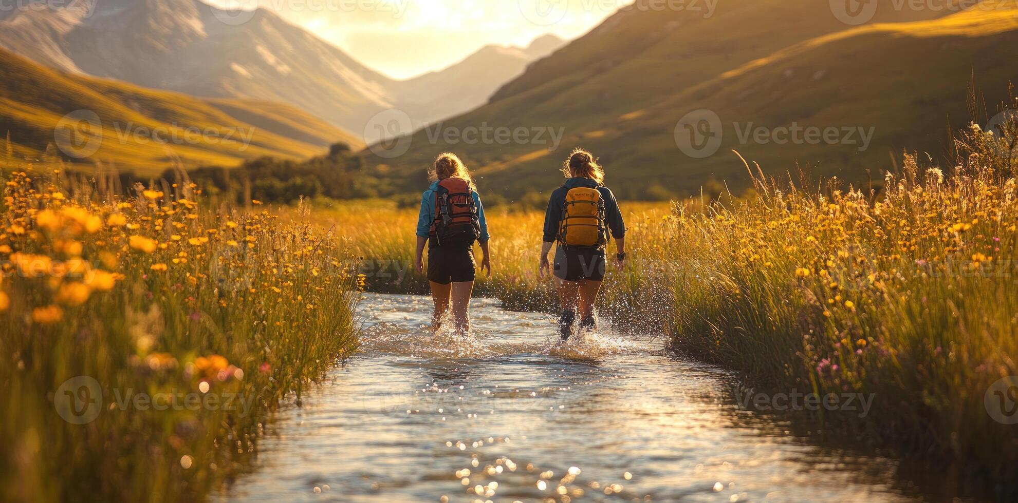 Two Hikers Walking Through a Stream in a Mountain Valley photo