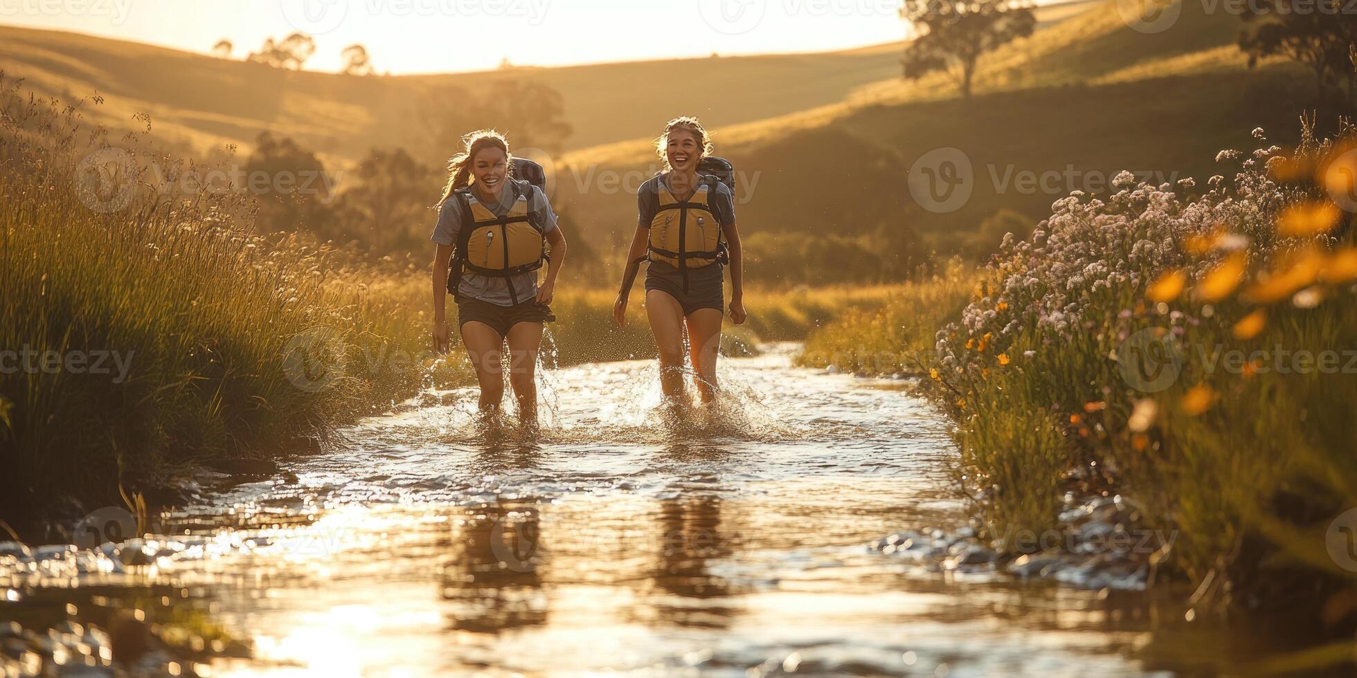 Two Smiling Hikers Wading Through a Stream in a Lush Landscape photo