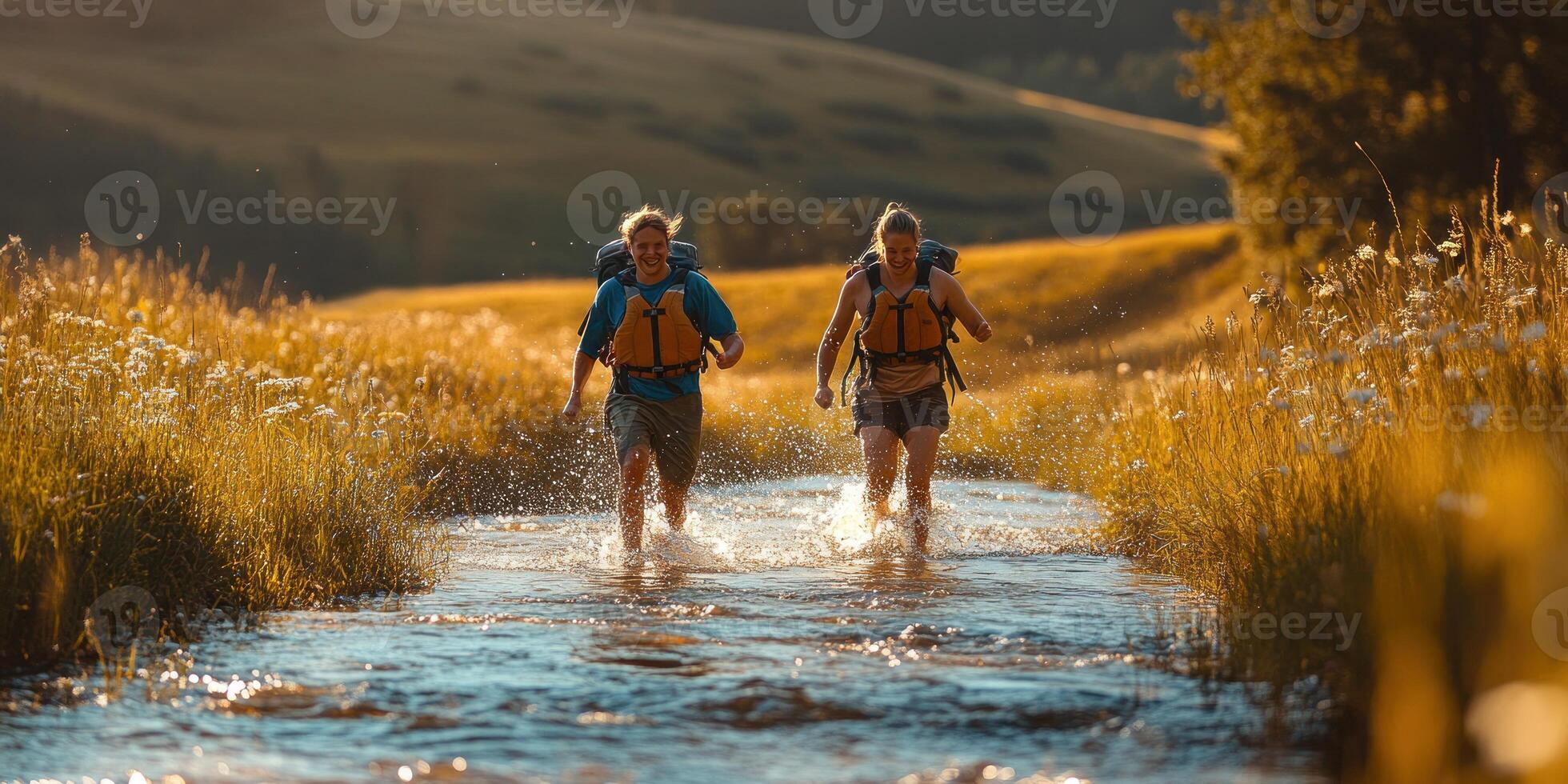 Two Hikers in Life Jackets Crossing a Mountain Stream photo