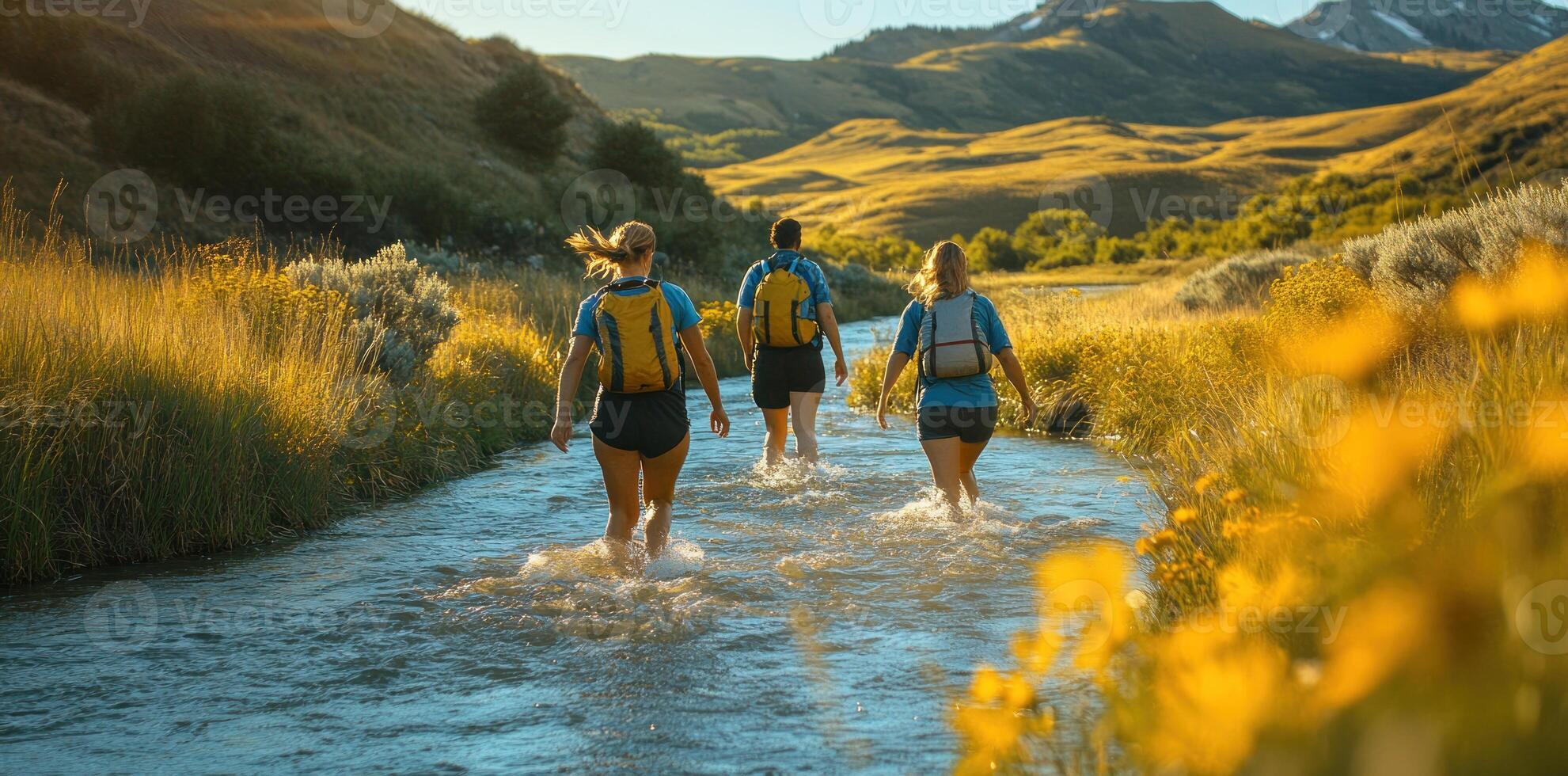 Three Hikers Walking Through A Mountain Stream photo