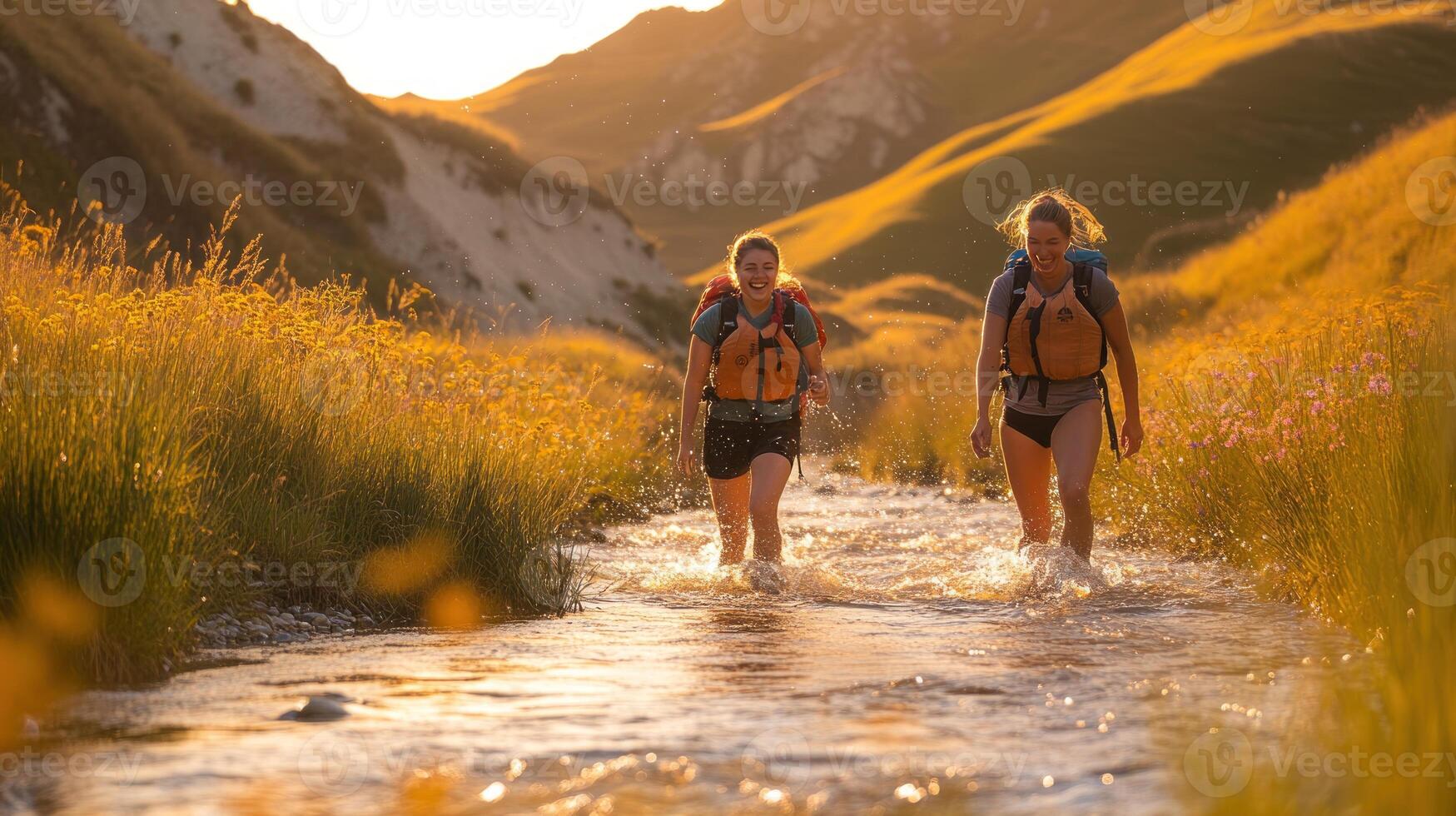 Two Women Hiking Through a Mountain Stream at Sunset photo