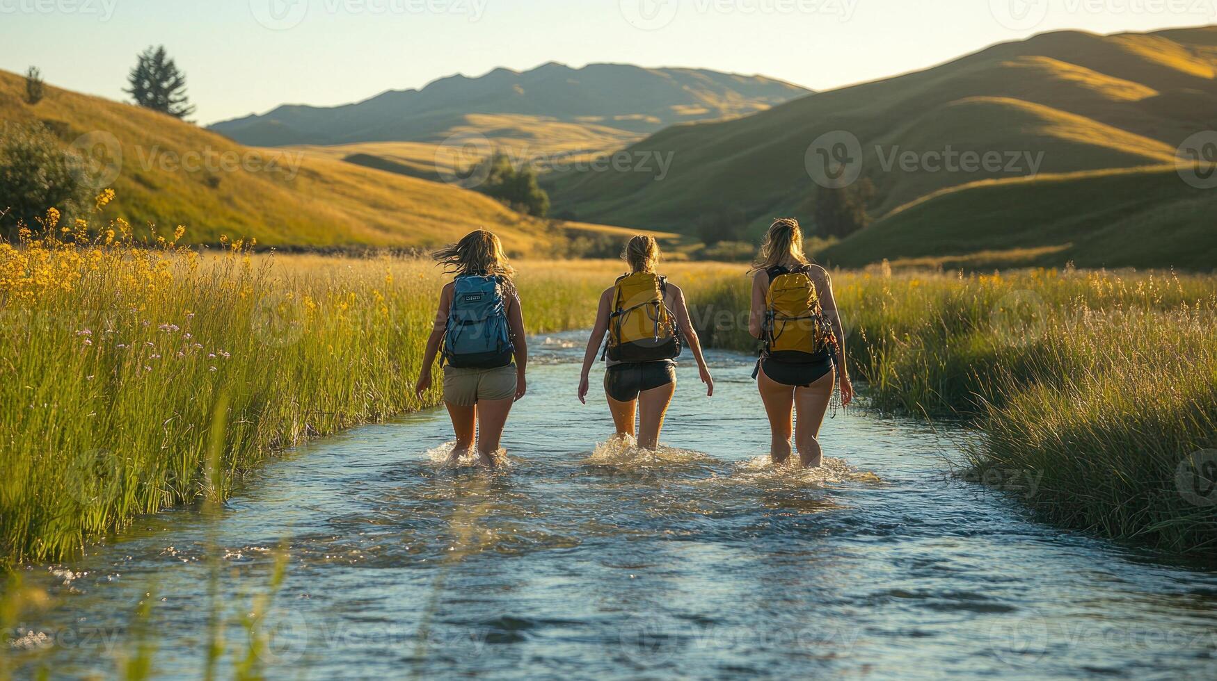 Three Hikers Walking Through a River in a Mountain Valley photo