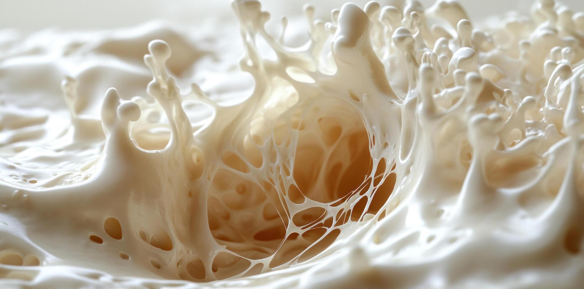 Close-up of a Creamy White Liquid Splash with Interconnected Bubbles photo