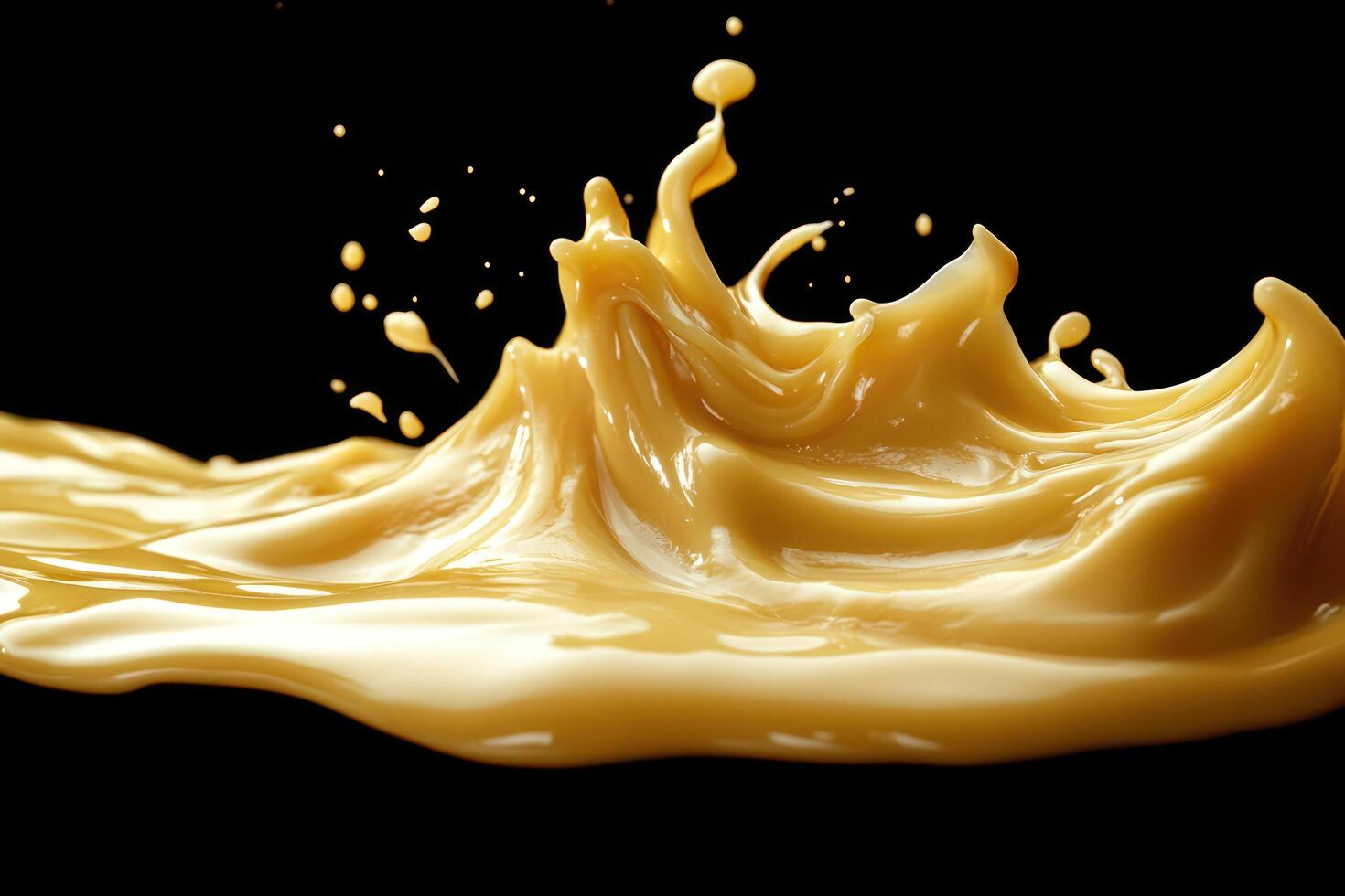 Caramel Sauce Splash with Droplets Against Black Background photo