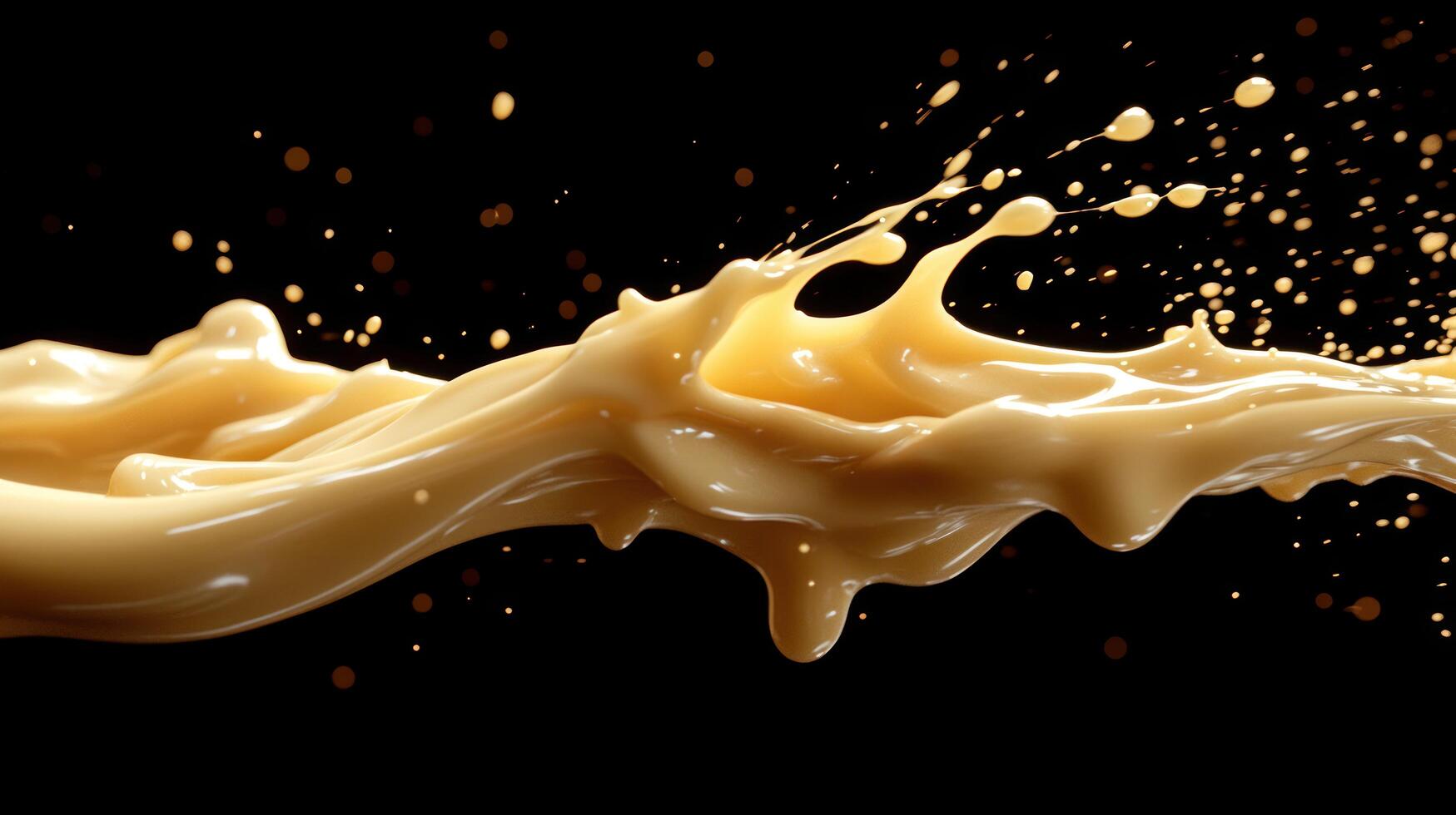 A Wave of Golden Liquid with Splashes and Droplets Against a Black Background photo