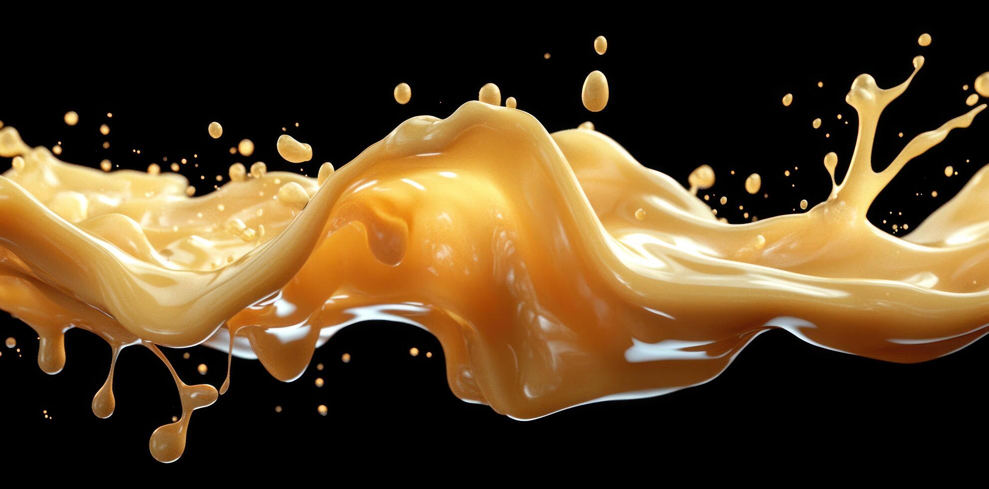 Golden Liquid Splashing with Droplets Against a Black Background photo