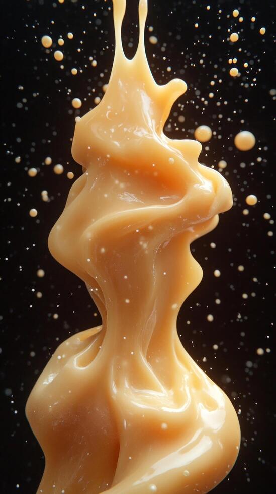 Caramel Splash with Droplets on Black Background photo