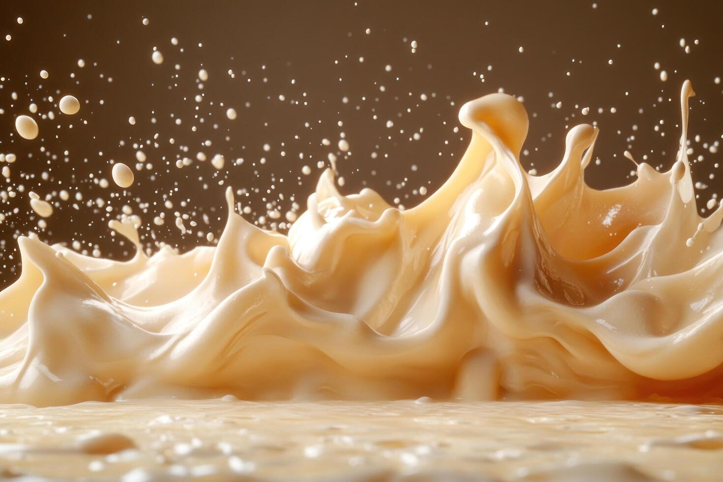 A close-up of a creamy, beige liquid splash with droplets in the air photo