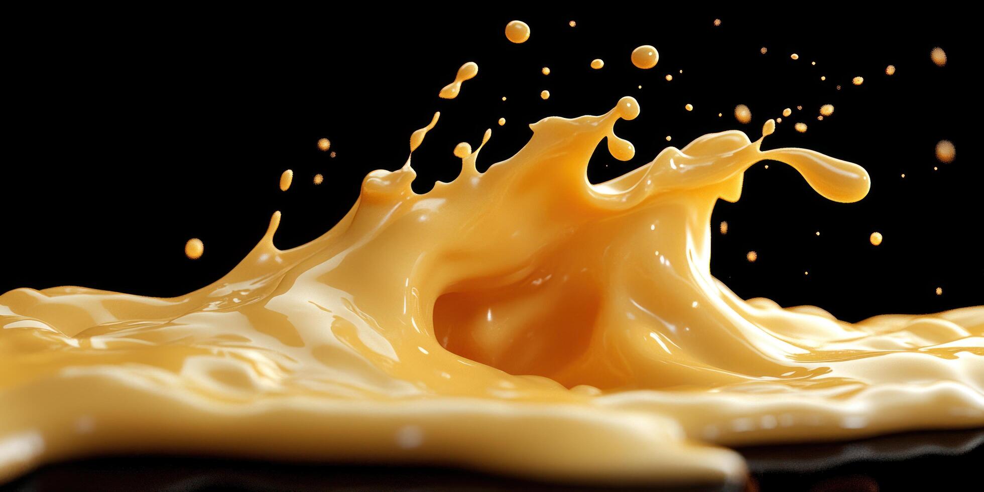 Golden Liquid Splashing with Droplets Against a Black Background photo