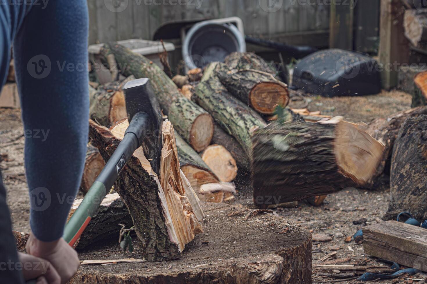 Lumberjack Chopping Wood in a Rustic Forest Setting photo