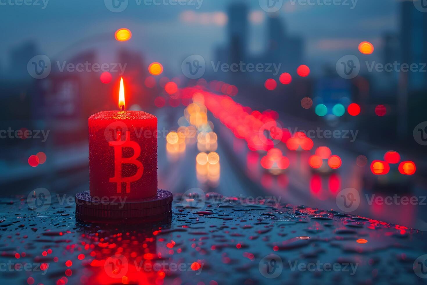 Bitcoin Candle Light in Cityscape at Dusk - Cryptocurrency Symbol Amidst Urban Blurred Lights photo