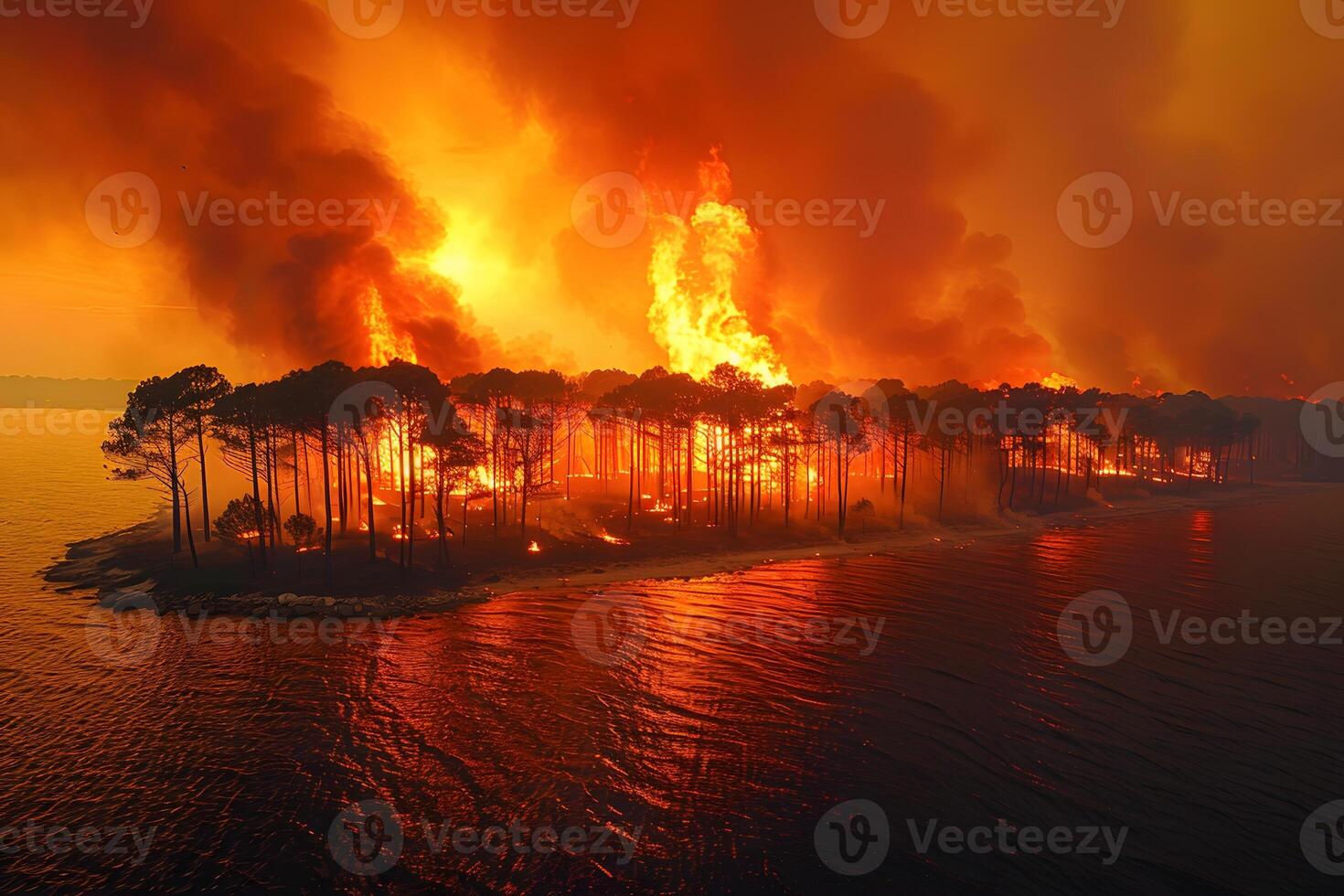 Dramatic Forest Fire on Coastal Island During Sunset Environmental Impact and Nature Conservation photo