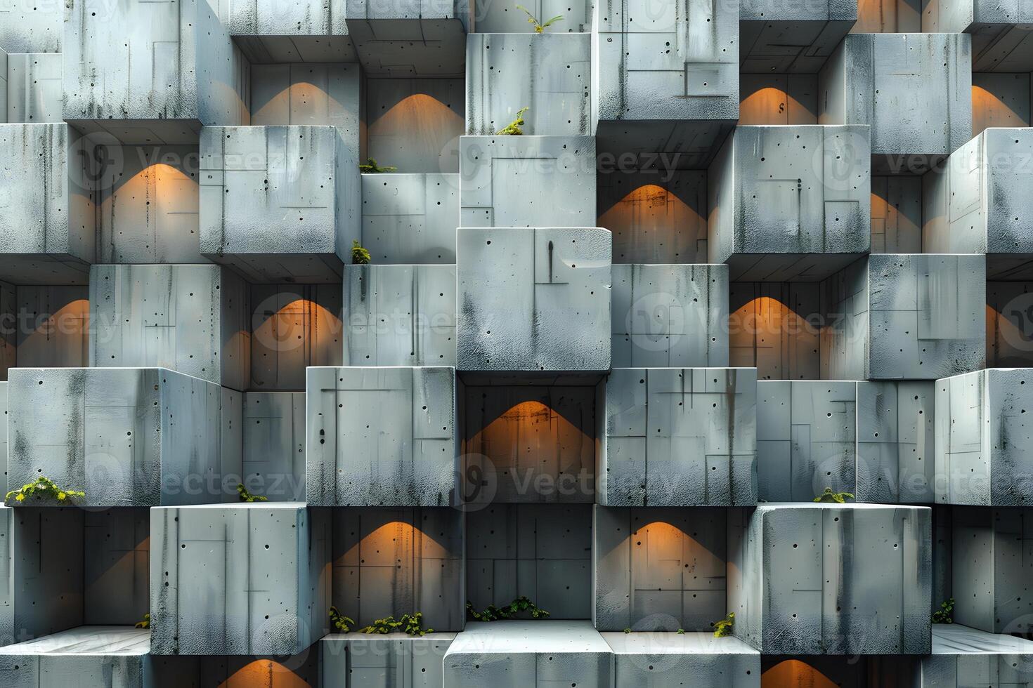 Geometric Concrete Wall with Rectangular Patterns and Subtle Lighting Accents photo