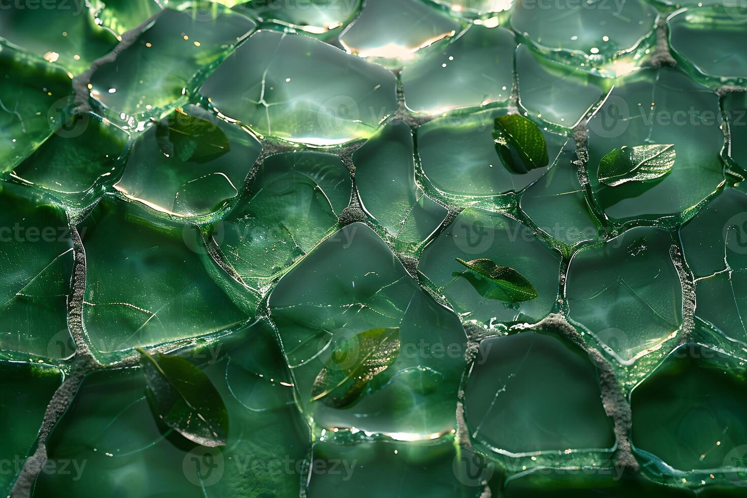 Nature-Inspired Abstract Art with Green Textured Glass and Leaves photo