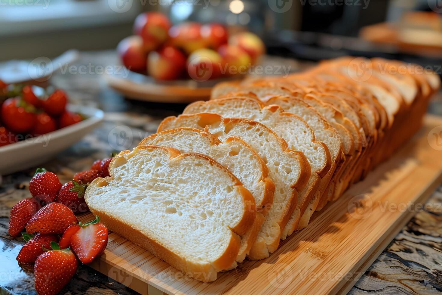 Freshly Sliced Bread with Strawberries and Apples on a Wooden Board for Breakfast photo