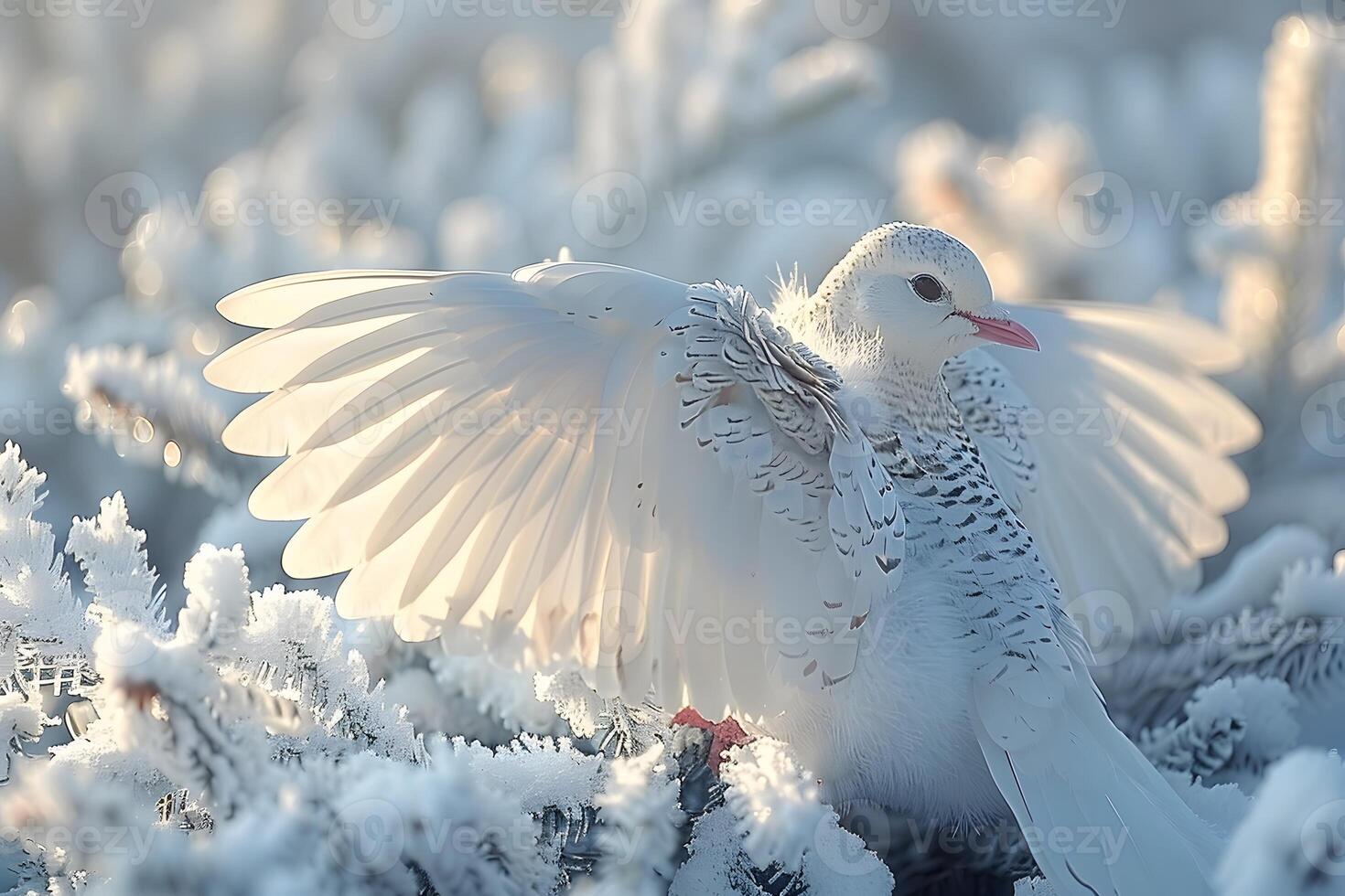 Serene Winter Bird with Spreading Wings in Snowy Landscape photo