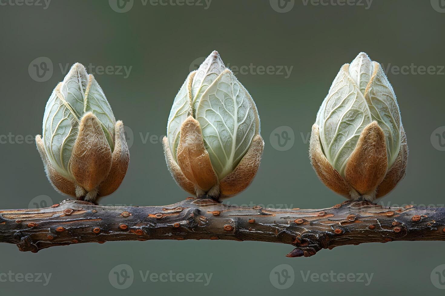 Three Budding Flowers on Branch - Nature's Symmetry and Growth Concept photo