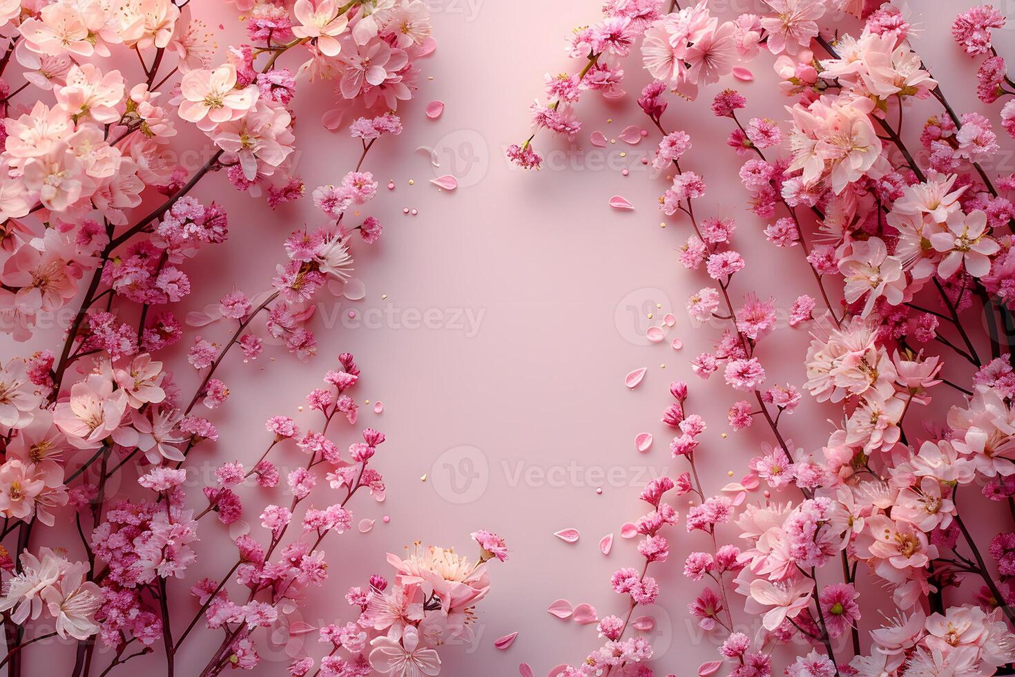 Spring Cherry Blossom Frame with Pink Floral Arrangement for Greeting Cards and Posters photo